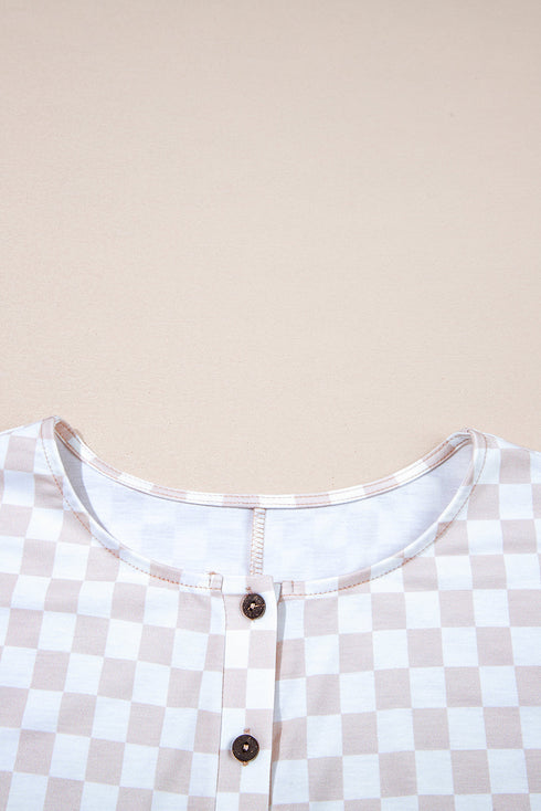 Checkered Print Buttoned Crew Neck Wide Leg Jumpsuit