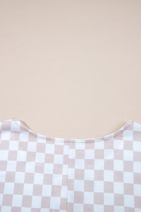 Checkered Print Buttoned Crew Neck Wide Leg Jumpsuit
