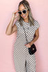 Checkered Print Buttoned Crew Neck Wide Leg Jumpsuit