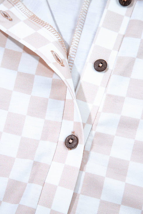 Checkered Print Buttoned Crew Neck Wide Leg Jumpsuit