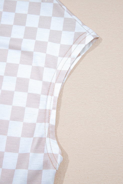 Checkered Print Buttoned Crew Neck Wide Leg Jumpsuit
