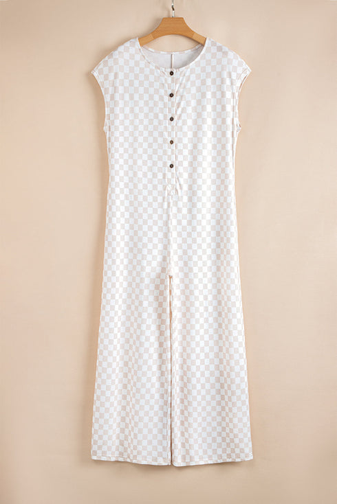 Checkered Print Buttoned Crew Neck Wide Leg Jumpsuit
