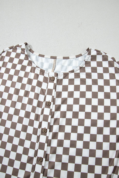 Checkered Print Buttoned Crew Neck Wide Leg Jumpsuit