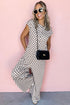 Checkered Print Buttoned Crew Neck Wide Leg Jumpsuit