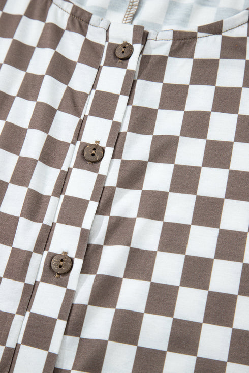 Checkered Print Buttoned Crew Neck Wide Leg Jumpsuit