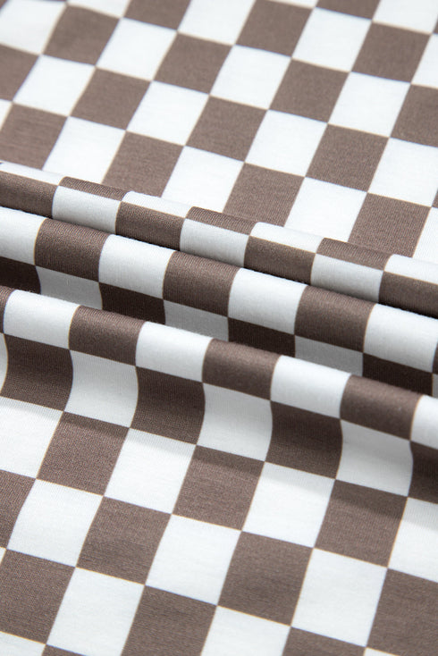 Checkered Print Buttoned Crew Neck Wide Leg Jumpsuit