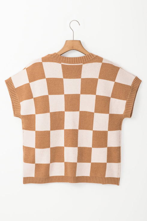Checkered Print Cap Sleeve Knit Sweater Top