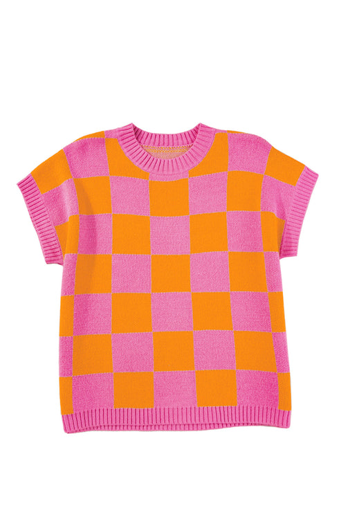 Checkered Print Cap Sleeve Knit Sweater Top