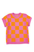 Checkered Print Cap Sleeve Knit Sweater Top