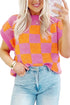 Checkered Print Cap Sleeve Knit Sweater Top