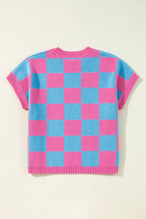 Checkered Print Cap Sleeve Knit Sweater Top