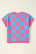 Checkered Print Cap Sleeve Knit Sweater Top