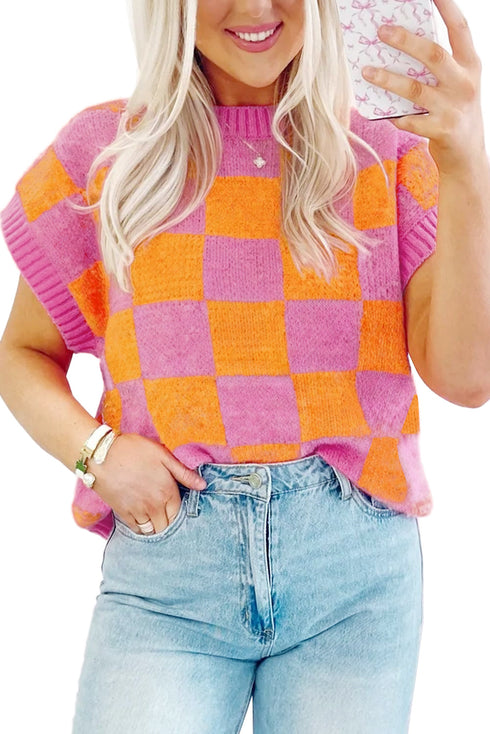 Checkered Print Cap Sleeve Knit Sweater Top
