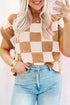 Checkered Print Cap Sleeve Knit Sweater Top