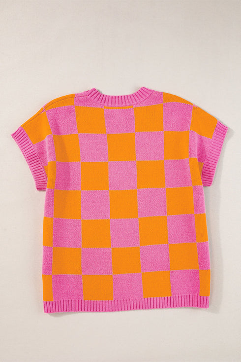 Checkered Print Cap Sleeve Knit Sweater Top