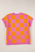 Checkered Print Cap Sleeve Knit Sweater Top
