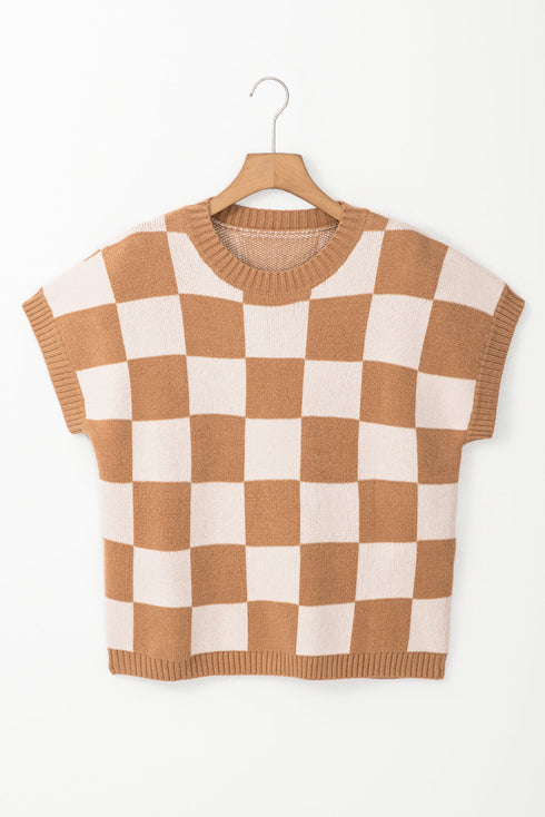 Checkered Print Cap Sleeve Knit Sweater Top