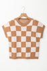Checkered Print Cap Sleeve Knit Sweater Top
