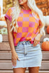 Checkered Print Cap Sleeve Knit Sweater Top