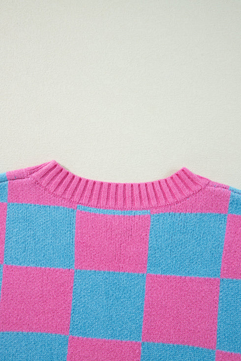 Checkered Print Cap Sleeve Knit Sweater Top