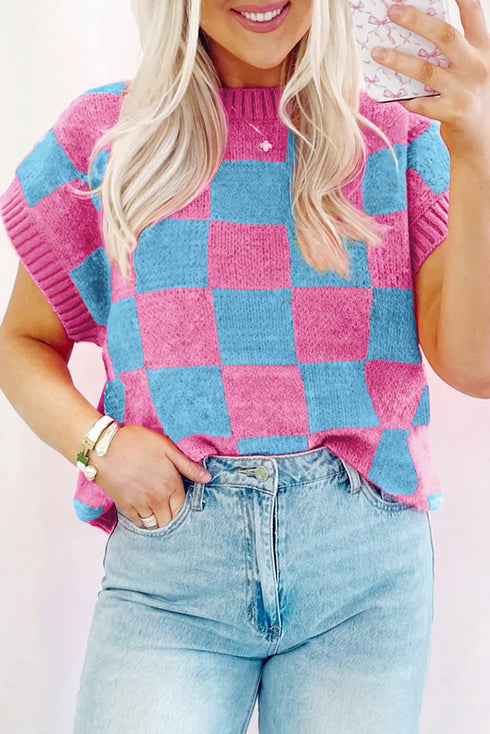 Checkered Print Cap Sleeve Knit Sweater Top