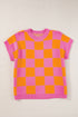 Checkered Print Cap Sleeve Knit Sweater Top