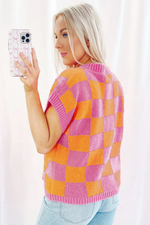 Checkered Print Cap Sleeve Knit Sweater Top