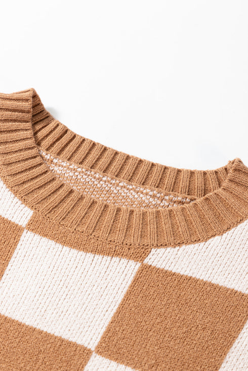 Checkered Print Cap Sleeve Knit Sweater Top