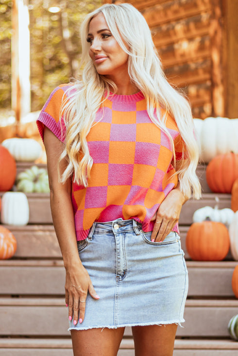 Checkered Print Cap Sleeve Knit Sweater Top