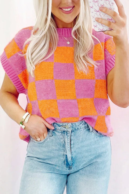 Checkered Print Cap Sleeve Knit Sweater Top
