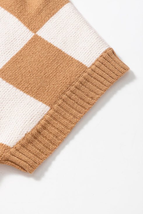 Checkered Print Cap Sleeve Knit Sweater Top