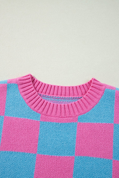 Checkered Print Cap Sleeve Knit Sweater Top