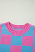 Checkered Print Cap Sleeve Knit Sweater Top