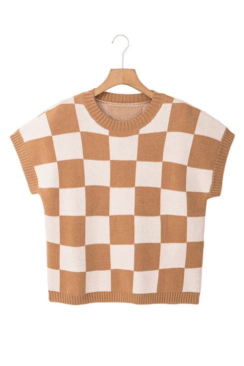 Checkered Print Cap Sleeve Knit Sweater Top