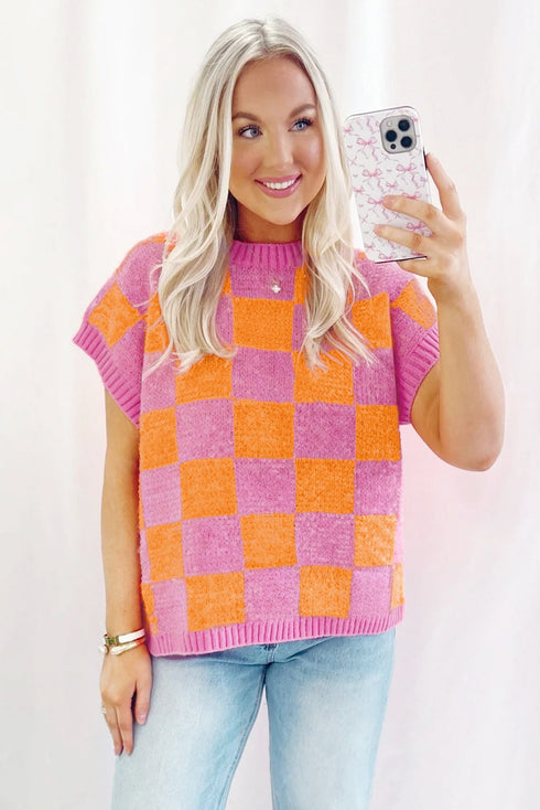 Checkered Print Cap Sleeve Knit Sweater Top
