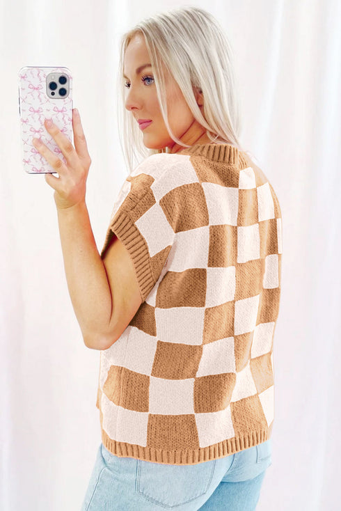 Checkered Print Cap Sleeve Knit Sweater Top