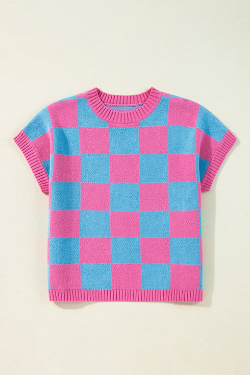 Checkered Print Cap Sleeve Knit Sweater Top