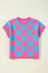 Checkered Print Cap Sleeve Knit Sweater Top
