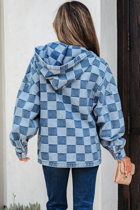Checkered Print Denim Zipped Neck Kangaroo Pocket Hoodie