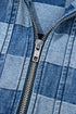 Checkered Print Denim Zipped Neck Kangaroo Pocket Hoodie