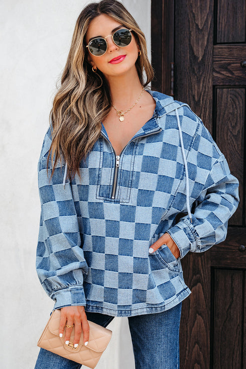 Checkered Print Denim Zipped Neck Kangaroo Pocket Hoodie