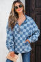Checkered Print Denim Zipped Neck Kangaroo Pocket Hoodie