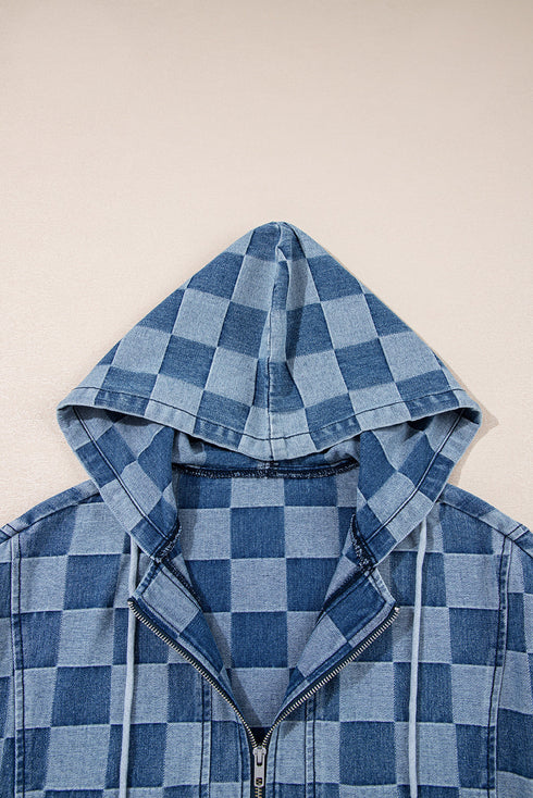 Checkered Print Denim Zipped Neck Kangaroo Pocket Hoodie