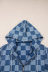 Checkered Print Denim Zipped Neck Kangaroo Pocket Hoodie