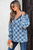 Checkered Print Denim Zipped Neck Kangaroo Pocket Hoodie