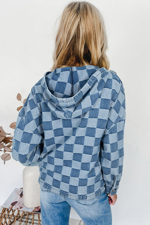 Checkered Print Denim Zipped Neck Kangaroo Pocket Hoodie