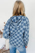 Checkered Print Denim Zipped Neck Kangaroo Pocket Hoodie
