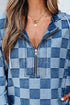 Checkered Print Denim Zipped Neck Kangaroo Pocket Hoodie