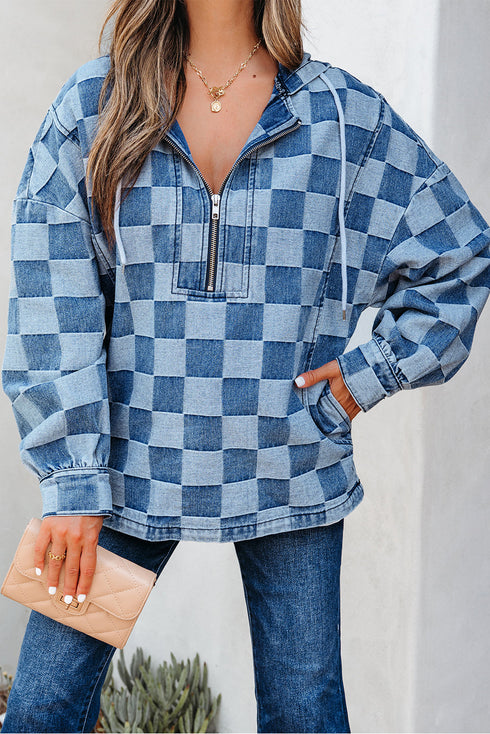 Checkered Print Denim Zipped Neck Kangaroo Pocket Hoodie
