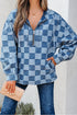 Checkered Print Denim Zipped Neck Kangaroo Pocket Hoodie